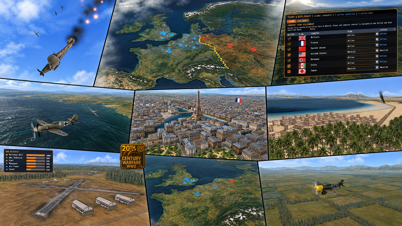 20th Century Warfare running on Radium Engine, showing aerial combat, cities and the global campaign map.